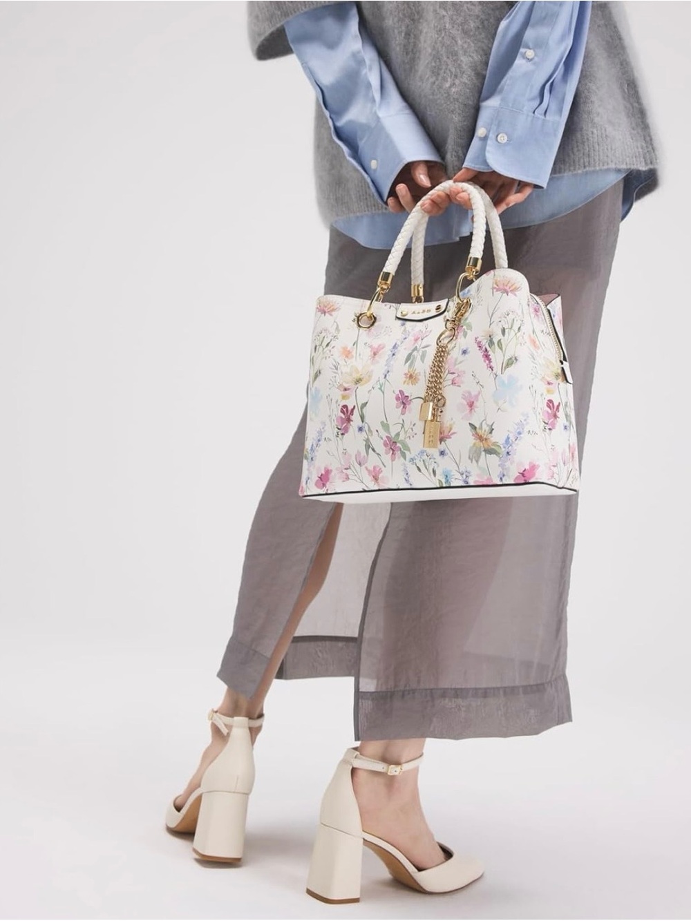 Aldo- White Floral Tote Handbag with Gold Hardware
